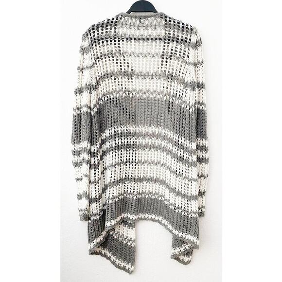 James Perse Womens Cotton Open Knit Gray Ivory Striped Sweater Lagenlook Coastal - Picture 2 of 7